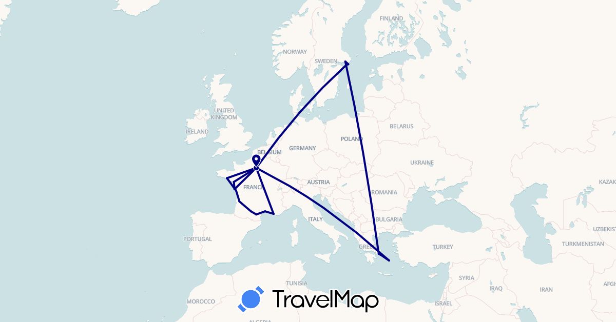 TravelMap itinerary: driving in France, Greece, Sweden (Europe)